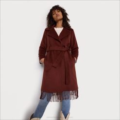 Women Apparel Sam Edelman Belted Wrap Fringe Coat Chestnut 4N2P1238