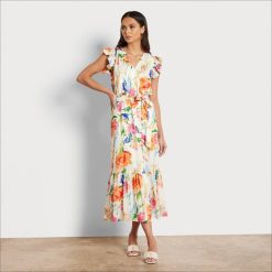 Women Apparel Sam Edelman Floral V-neck Midi Dress White Multi 4N2P1085