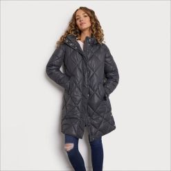 Women Apparel Sam Edelman Funnel Collar Long Puffer w/ Hood Grey 4N2P1150