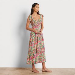 Women Apparel Sam Edelman Smock Floral Midi Dress Pink Multi 4N2P1078