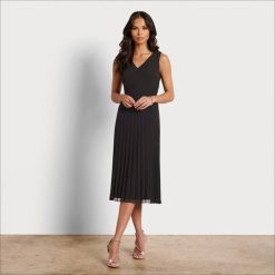 Women Apparel Sam Edelman V-neck Pleated Midi Dress Black 4N2P1099